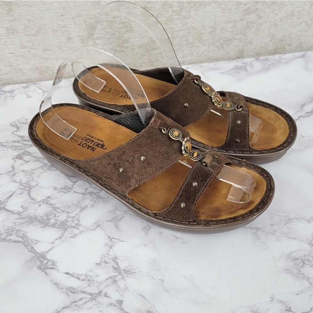 NAOT Brown Suede Slides with Tiger's Eye Faux Gems Accent Women's Euro 40